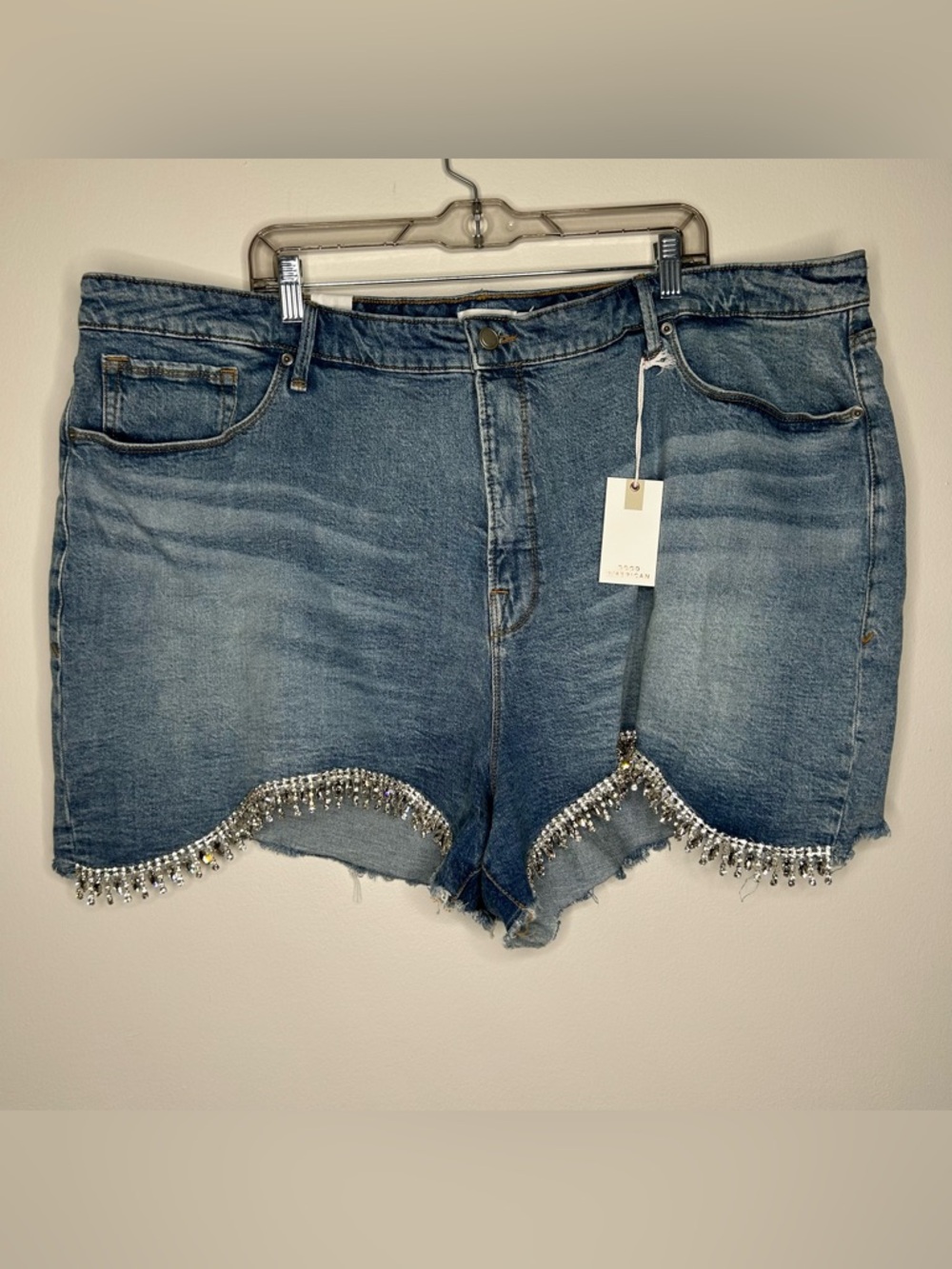 Good American Blue Denim Jean Shorts with Rhinestone Fringe - Picture 2 of 13